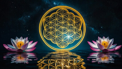 Wall Mural - Loy Krathong festival with colorful candles light and full moon in Thailand background. Floating ritual banana leaves vessel lamp and lotus flower into the
