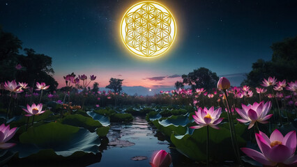 Wall Mural - Loy Krathong festival with colorful candles light and full moon in Thailand background. Floating ritual banana leaves vessel lamp and lotus flower into the
