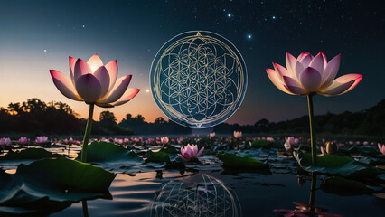 Wall Mural - Loy Krathong festival with colorful candles light and full moon in Thailand background. Floating ritual banana leaves vessel lamp and lotus flower into the
