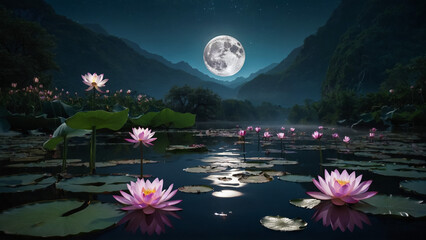 Wall Mural - Loy Krathong festival with colorful candles light and full moon in Thailand background. Floating ritual banana leaves vessel lamp and lotus flower into the
