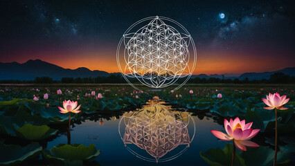 Wall Mural - Loy Krathong festival with colorful candles light and full moon in Thailand background. Floating ritual banana leaves vessel lamp and lotus flower into the
