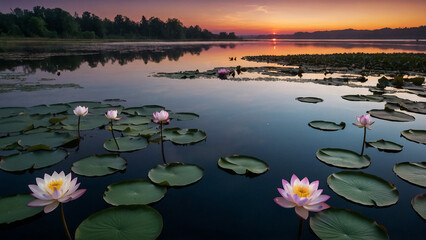Wall Mural - Loy Krathong festival with colorful candles light and full moon in Thailand background. Floating ritual banana leaves vessel lamp and lotus flower into the
