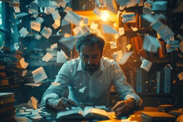 An author appears overwhelmed, seated at a desk with papers flying around in a dimly lit room