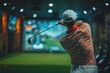 © Larisa AI - A golfer captured in the middle of a swing at an indoor golfing range, focusing on the golfer's form and the ambient lighting of the venue