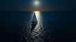 Midnight Sail under the Full Moon, Drone footage capturing a solitary sailboat gliding through the moonlit ocean, the full moon casting a broad, shimmering path across the water