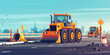 Construction site concept with compactor wheel loader and material equipment illustration