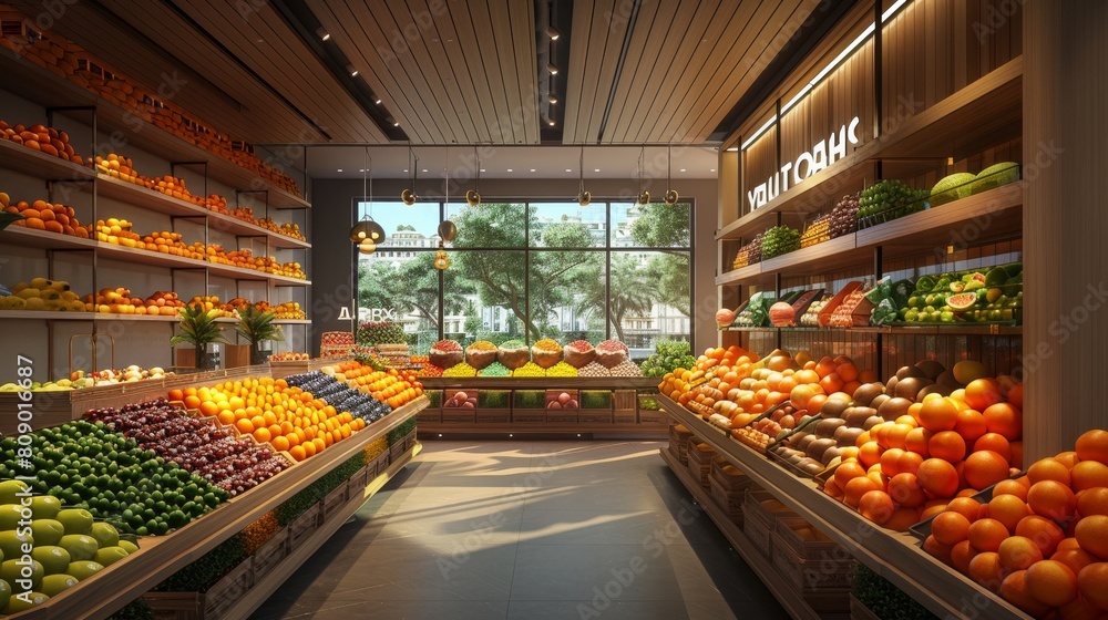 Generate a visual representation of a modern fruit store Stock ...