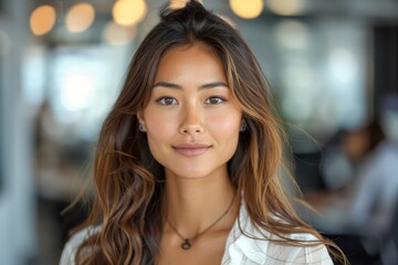 A portrait of a stylish young woman with a playful hairstyle in a casual office environment, radiating uniqueness