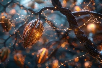 Poster - A conceptual illustration of cocoa beans connecting to chocolate neural pathways, highlighting their cognitive-enhancing effects,