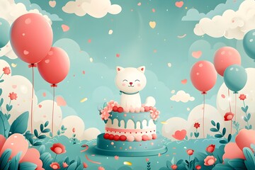 Wall Mural - Happy birthday cat. Happy birthday cat party. Birthday balloons and cake. Smiling white cat.