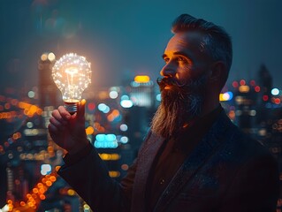 Bearded businessman holding a glowing lightbulb against a backdrop of a city skyline at night symbolizing leadership bright ideas and innovative