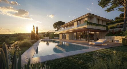 Wall Mural - A beautiful modern villa with swimming pool and large garden