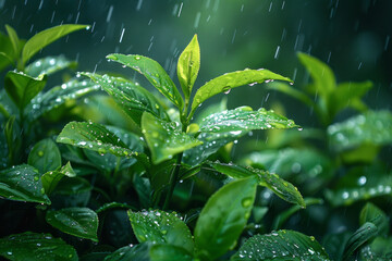 Poster - Tea leaves depicted as falling rain, their lines descending softly and steadily, soothing the viewer,