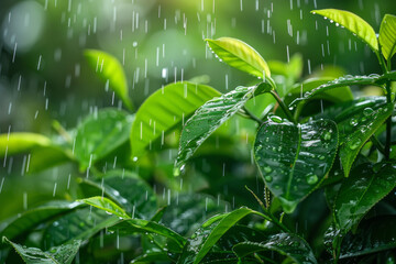 Poster - Tea leaves depicted as falling rain, their lines descending softly and steadily, soothing the viewer,