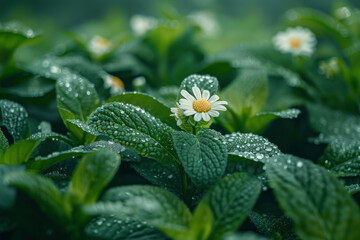 Poster - Tea leaves gently morphing into a bed of flowers, their petals opening slowly to release calming aromas,