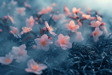 Fototapete - Tea leaves gently morphing into a bed of flowers, their petals opening slowly to release calming aromas,