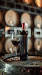 Wall Mural - Red wine bottle mock up on on top of an old barrel, rows of barrels inside a winery or castle-like building, copy space and place for logo