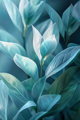 Poster - An abstract depiction of tea leaves transitioning into soft, flowing ribbons of calming blues and greens,