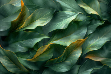 Poster - Tea leaves unfurling into smooth waves of green and gold, embodying the soothing essence of tea,