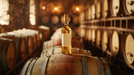 Wall Mural - White wine bottle mock up on on top of an old barrel, rows of barrels inside a winery or castle-like building, copy space and place for logo..