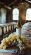 White wine bottle mock up on on top of an old barrel, rows of barrels inside a winery or castle-like building, copy space and place for logo..