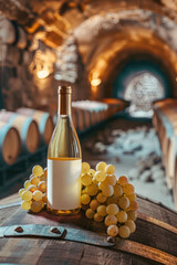 Wall Mural - White wine bottle mock up on on top of an old barrel, rows of barrels inside a winery or castle-like building, copy space and place for logo..