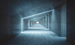 Futuristic concrete corridor with blue lighting