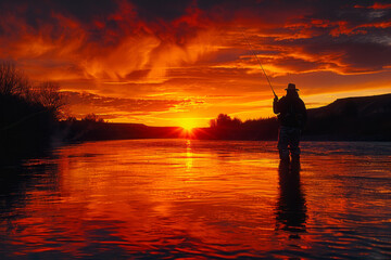 Wall Mural - A fisherman's silhouette at sunset, casting a line into a river that reflects a burst of sunset colors.