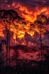Wall Mural - A vibrant sunset scene in a tropical forest with silhouettes of trees against a fiery sky,