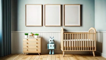 Wall Mural - Three poster frame mockup in child room with oval crib, boy's room background, robot toy on wooden floor, modern dresser on fresh light blue wallpaper, copy space.