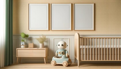 Wall Mural - Three poster frame mockup in child room with oval crib,kid's room background, robot on round sofa, pastel yellow wallpaper, copy space.