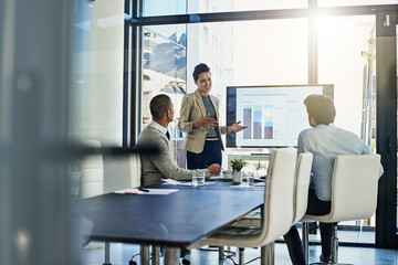 Poster - Business woman, coach and screen with team for meeting, presentation or corporate discussion on revenue at office. Female person talking to employees with graph, chart or data for profit at workplace