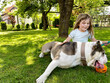 Cute little toddler girl playing with family dog in garden. Happy smiling child having fun with dog, hugging playing with ball. Happy family outdoors. Friendship and love between animal and kids