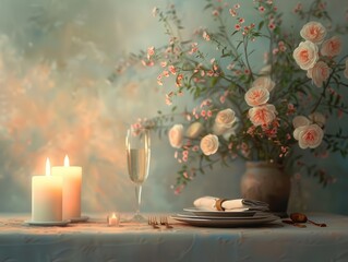 A beautiful still life of a table set for two with a vase of flowers, two candles, and two glasses of champagne