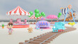 3d amusement park with steam locomotive, railroad tracks, starfish spring rider, carousel, merry go round, viking ship, store. 3d render illustration
