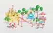 3d amusement park with roller coaster, ferris wheel, unicorn spring rider, carousel, merry go round, castle, towers. 3d render illustration