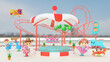 3d podium in amusement park with steam locomotive, railroad tracks, roller coaster, unicorn spring rider, carousel, merry go round. 3d render illustration