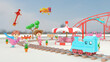 3d amusement park with steam locomotive, railroad tracks, roller coaster, unicorn spring rider, carousel, merry go round. 3d render illustration