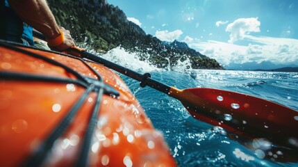 Wall Mural - A person is paddling an orange kayak on the water.