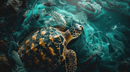 Sea turtle caught in the mesh of a fishing net due to ocean pollution, trash. Garbage in the sea. save world