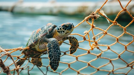 Wall Mural - Sea turtle caught in the mesh of a fishing net due to ocean pollution, trash. Garbage in the sea. save world