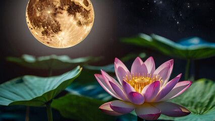 Wall Mural - Loy Krathong festival with colorful candles light and full moon in Thailand background. Floating ritual banana leaves vessel lamp and lotus flower into the
