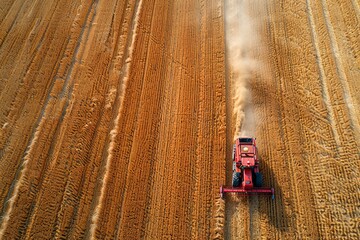 Wall Mural - Stunning bird's eye perspective of a single combine harvester reaping through waves of golden wheat, surrounded by picturesque rural scenery