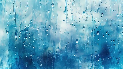 watercolor blue background raindrops on a window for rainy weather, aqua drops texture of rain water