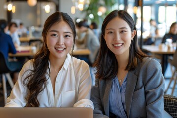 Wall Mural - Two beautiful Japanese and Chinese women, smiling  in front of their laptops. They both looking happy and focused on good vibe working period In modern bright corporate Office background.