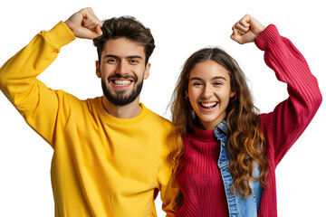 Portrait cheerful couple holding fists on isolated transparent background