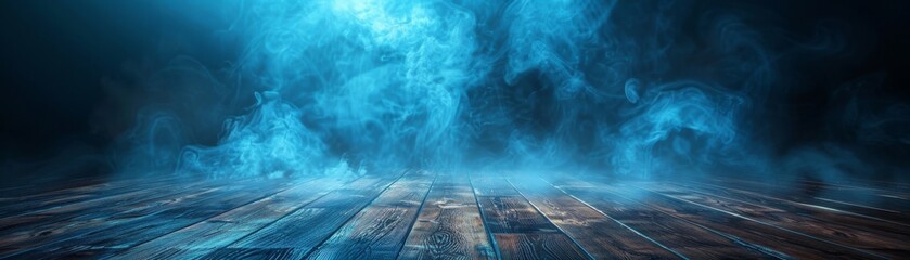 Wall Mural - an empty scene with a dark background and aged wooden flooring. the atmosphere is enhanced by neon l
