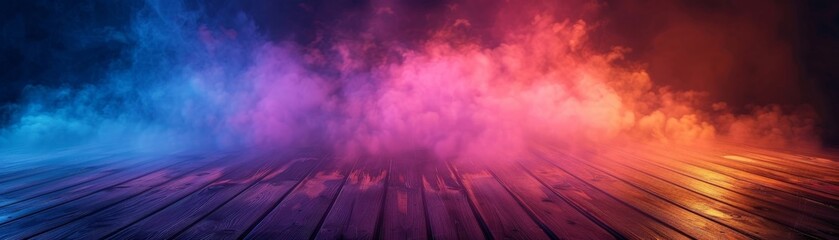 Wall Mural - neon lights illuminate the empty dark room, casting a mysterious glow across the worn wooden floor. 