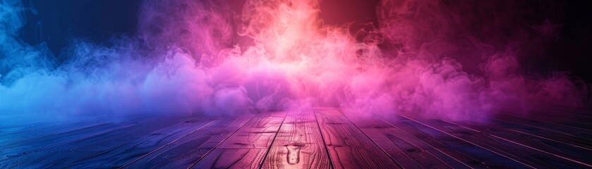 Wall Mural - an eerie ambiance fills the room with its ancient wooden flooring and neon light piercing through th