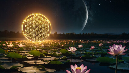 Wall Mural - Loy Krathong festival with colorful candles light and full moon in Thailand background. Floating ritual banana leaves vessel lamp and lotus flower into the
